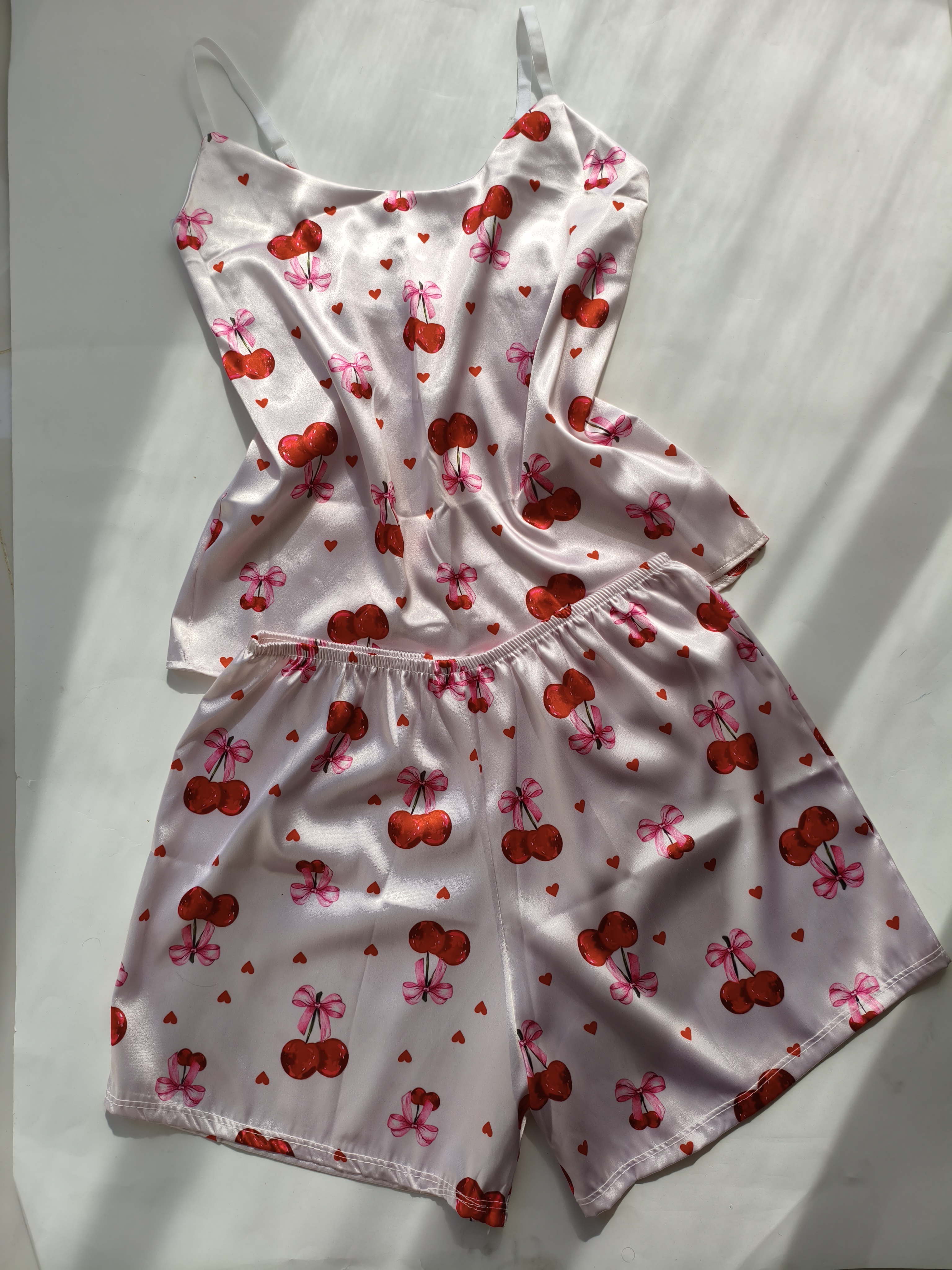 تاپ و شورت زنانه ساتن طرح گیلاس